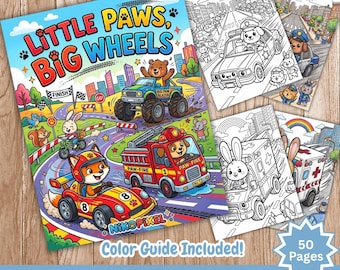 Libro para colorear "Patitas Pequeñas, Grandes Ruedas", Animales Conduciendo Coches y Camiones, 50 Páginas (Descarga Digital)