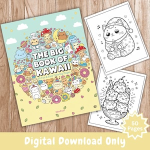Puede incluir: Un libro para colorear titulado The Big Book of Kawaii con una portada azul claro y amarilla que muestra varios personajes de dibujos animados, junto a dos p&aacute;ginas para colorear en blanco y negro con un gato en pijama y un helado.