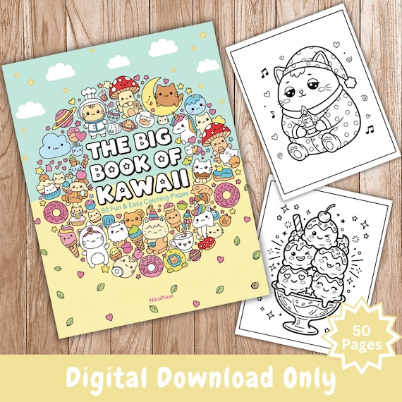 Kawaii Coloring Book for Adults: Animals, Food, Space Pages (Digital Download)