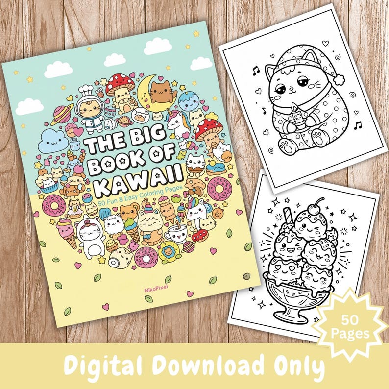 Puede incluir: Un libro para colorear titulado The Big Book of Kawaii con una portada azul claro y amarilla que muestra varios personajes de dibujos animados, junto a dos p&aacute;ginas para colorear en blanco y negro con un gato en pijama y un helado.