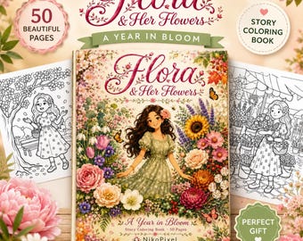 Printable Botanical Coloring Book for Adults, Flora and Her Flowers 50 Pages, Mindfulness Floral Art for Stress Relief, Digital PDF