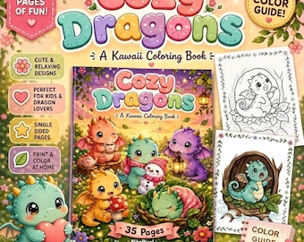 Cozy Dragons Coloring Book PDF, Kawaii Dragon Coloring Pages, Cute Fantasy Printable, 35 Page Digital Download, Kids & Adults Gift