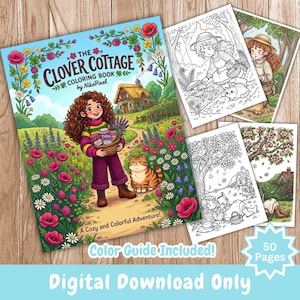 Clover Cottage målarbok för vuxna, Mysig Cottagecore blommig stresslindring (PDF-nedladdning)