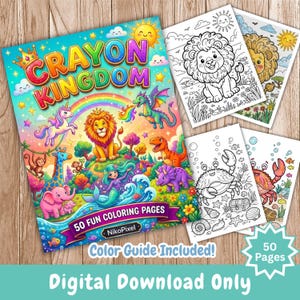 Crayon Kingdom 50 utskrivbara målarbilder, kawaiidjur, fantasi, fordon (digital nedladdning)