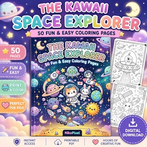Kawaii rymdmålarbok för barn, söta astronaut- och utomjordingssidor, utskrivbar galaxaktivitet, skärmfri rolig hemskolningspresent