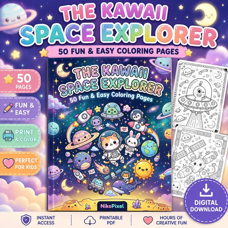 Kawaii-Weltraum-Malbuch für Kinder, niedliche Astronauten- und Alien-Seiten, druckbare Galaxie-Aktivität, bildschirmfreies, unterhaltsames Geschenk für den Heimunterricht Bild 1
