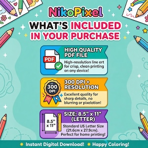 Puede incluir: Una infograf&iacute;a de descarga digital titulada NikoPixel WHAT'S INCLUDED IN YOUR PURCHASE. Enumera un archivo PDF de alta calidad, resoluci&oacute;n de 300 DPI y tama&ntilde;o carta de 21,6 cm por 27,9 cm, con l&aacute;pices de colores e iconos decorativos.