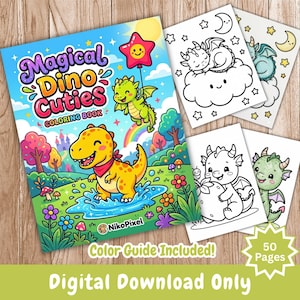 Magisk Kawaii Dinosaurie Målarbok: 50 Baby Dinosaurie Sidor (Digital Nedladdning)