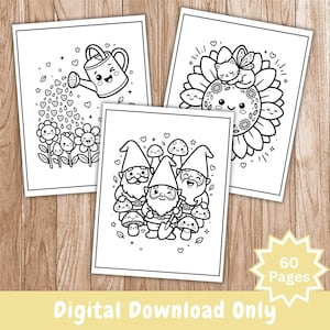 Puede incluir: Tres p&aacute;ginas para colorear en blanco y negro con ilustraciones lindas. Una muestra una regadera vertiendo corazones sobre flores, otra un gato sobre un girasol y la tercera tres gnomos con setas. Un gr&aacute;fico de estrella dice 60 Pages.