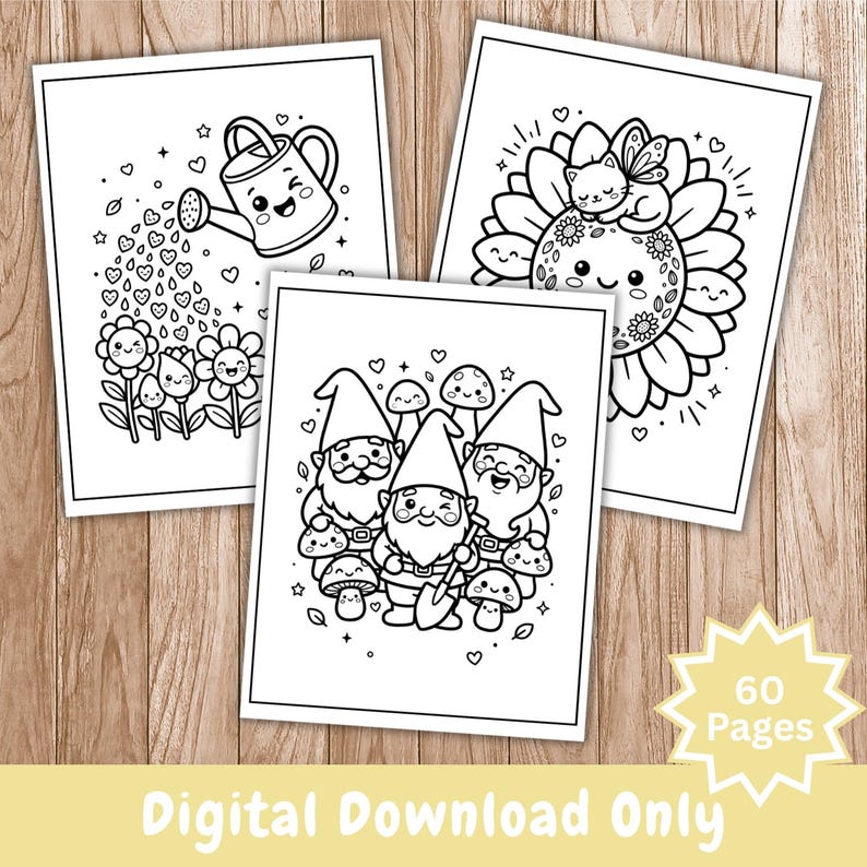 Puede incluir: Tres p&aacute;ginas para colorear en blanco y negro con ilustraciones lindas. Una muestra una regadera vertiendo corazones sobre flores, otra un gato sobre un girasol y la tercera tres gnomos con setas. Un gr&aacute;fico de estrella dice 60 Pages.