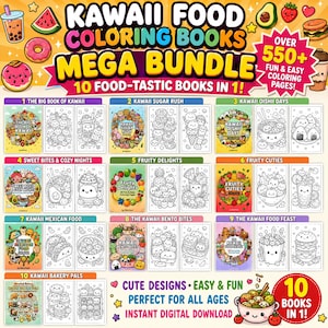 Kawaii matmålarbokpaket: 550+ sidor, 10 böcker (digital nedladdning)