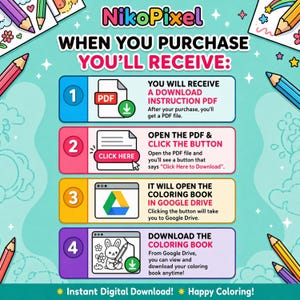 Puede incluir: Un gr&aacute;fico de instrucciones para descargas digitales de NikoPixel con cuatro pasos. Paso 1: Descargar PDF de instrucciones. Paso 2: Abrir el PDF y hacer clic en el bot&oacute;n. Paso 3: Acceder al libro para colorear en Google Drive.