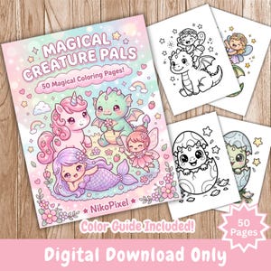 Kawaii Magiska Varelser Målarbok Barn Enhörning Drake Fe Sjöjungfru Utskrivbar 50 Sidor PDF