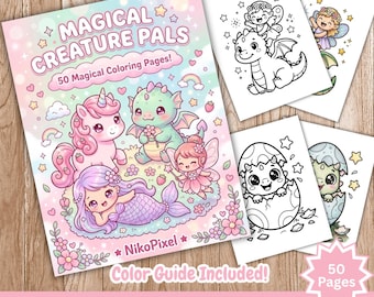 Libro para colorear de criaturas mágicas kawaii para niños: unicornio, dragón, hada, sirena. Imprimible. 50 páginas en PDF.