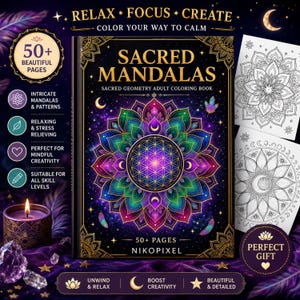 Målarbok för vuxna med mandala i helig geometri, utskrivbara sidor om andlig stresslindring i PDF-format