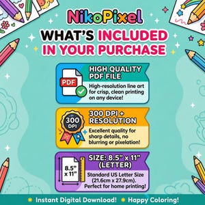 K&ouml;nnte beinhalten: Werbung f&uuml;r einen digitalen Download von NikoPixel. Das Bild zeigt eine hochwertige PDF-Datei, 300 DPI Aufl&ouml;sung und eine Gr&ouml;&szlig;e von 21,6 cm x 27,9 cm. Der Text erw&auml;hnt auch sofortigen digitalen Download und fr&ouml;hliches Ausmalen.