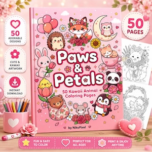 Kawaii målarbok med tassar och kronblad | 60 sidor med djur och blommor (digital nedladdning)