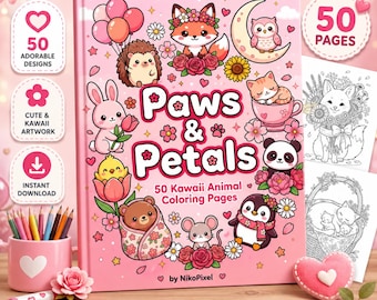 Paws & Petals Kawaii Coloring Book | 60 Animal Flower Pages (Digital Download)