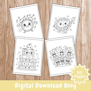 Puede incluir: Cuatro p&aacute;ginas para colorear en blanco y negro con ilustraciones estilo kawaii de un despertador, una paleta de pintura con pincel, una pila de libros con una manzana y tres crayones. Un gr&aacute;fico de estrella muestra el texto 60 Pages.