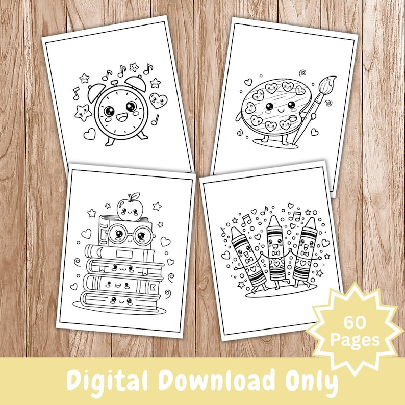 Puede incluir: Cuatro p&aacute;ginas para colorear en blanco y negro con ilustraciones estilo kawaii de un despertador, una paleta de pintura con pincel, una pila de libros con una manzana y tres crayones. Un gr&aacute;fico de estrella muestra el texto 60 Pages.
