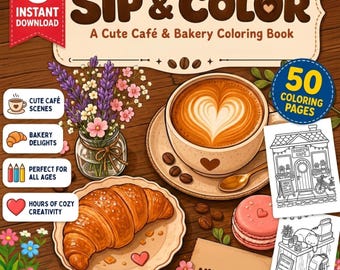 Sip & Color Adult Coloring Book Digital Download, 50 Cozy Relaxing Pages, Printable PNG and PDF, Stress Relief Mindfulness Art