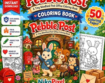 Cute Woodland Animal Post Office Coloring Book, Cozy Cottagecore Kawaii Pebble Post Digital Pages, Relaxing Adult Kids PDF PNG