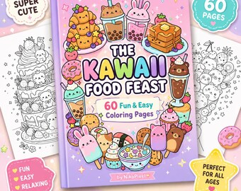 Kawaii Food Coloring Book, 60 Sweet Dessert Pages, Chibi Food Art (Digital Download)