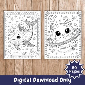 K&ouml;nnte beinhalten: Zwei Schwarz-Wei&szlig;-Malvorlagen mit skurrilen Illustrationen. Eine zeigt einen Wal mit einem Katzen-Astronauten, die andere einen Katzenplaneten mit einer Rakete. Das untere Banner lautet "Nur digitaler Download" und "50 Seiten".