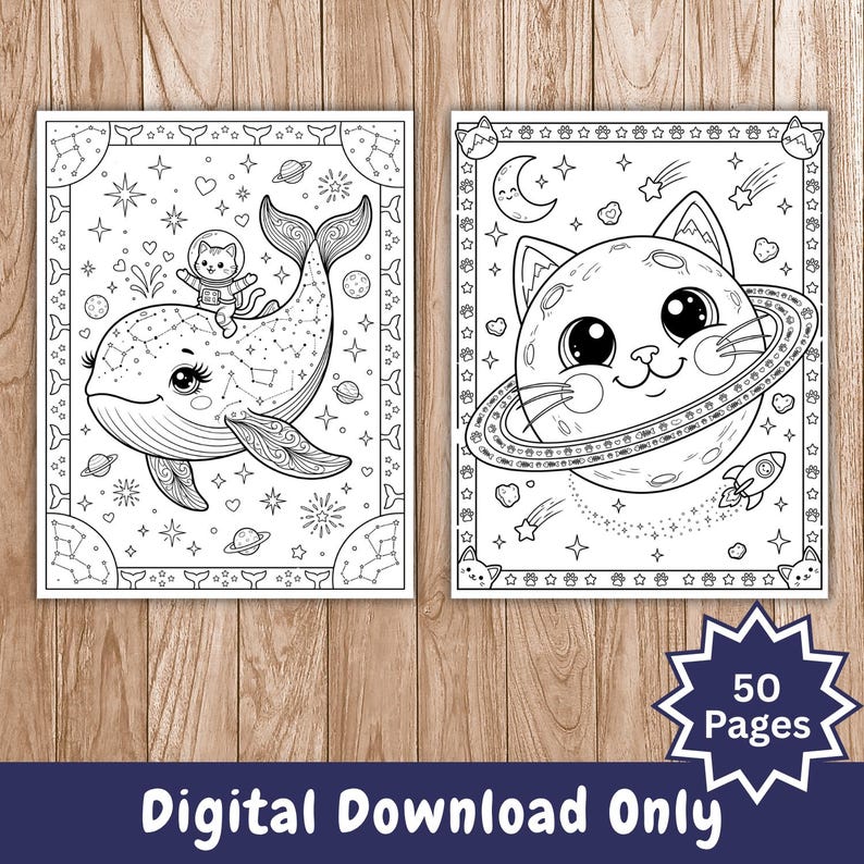 K&ouml;nnte beinhalten: Zwei Schwarz-Wei&szlig;-Malvorlagen mit skurrilen Illustrationen. Eine zeigt einen Wal mit einem Katzen-Astronauten, die andere einen Katzenplaneten mit einer Rakete. Das untere Banner lautet "Nur digitaler Download" und "50 Seiten".