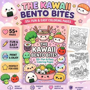 Kawaii Bento Bites målarbok | 60 japanska matsidor (digital nedladdning)