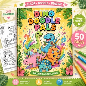 Dino Doodle Pals Målarbok för Barn med Dinosaurier, 50 Sidor, Utskrivbar PDF med Färgguide