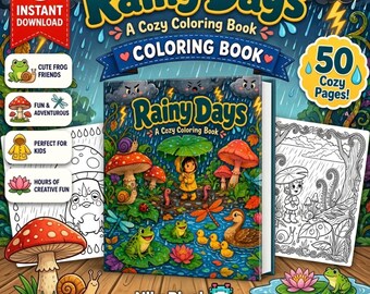 Rainy Days Cozy Coloring Book PDF, 50 Cute Rainy Weather Coloring Pages for Adults, Relaxing Printable Digital Download