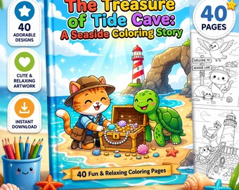 Seaside Cat Adventure Coloring Book |Kids coloring | 40 Pages,  Animals  (Digital Download)