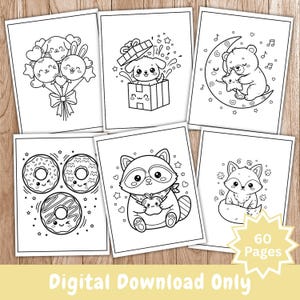 Puede incluir: Una colecci&oacute;n de seis p&aacute;ginas para colorear en blanco y negro con animales lindos, donas y estrellas. Los dise&ntilde;os incluyen un cachorro en una caja de regalo, un oso en la luna, un mapache con una manzana y un zorro. Un gr&aacute;fico amarillo indica 60 Pages.