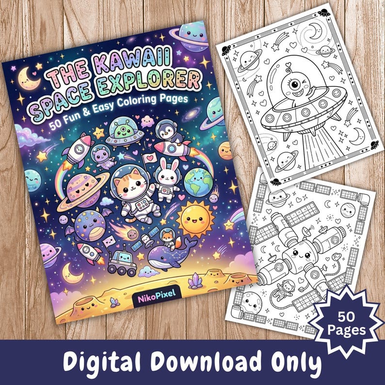K&ouml;nnte beinhalten: Ein Malbuch mit dem Titel "The Kawaii Space Explorer" mit 50 lustigen und einfachen Malvorlagen. Das Cover zeigt farbenfrohe Illustrationen von Weltraum-Kawaii-Charakteren. Zwei Schwarz-Wei&szlig;-Malvorlagen sind ebenfalls sichtbar. Die Worte "Digital Download Only" stehen unten.