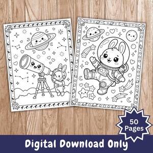 K&ouml;nnte beinhalten: Zwei Schwarz-Wei&szlig;-Malvorlagen mit Weltraum-Illustrationen. Eine zeigt ein Teleskop mit einem Hasen-Astronauten, die andere einen Hasen-Astronauten, der im Weltraum schwebt. Der Text "Digital Download Only" und "50 Pages" sind ebenfalls sichtbar.