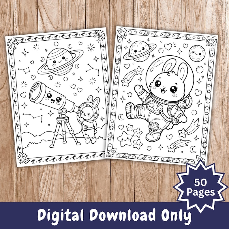 K&ouml;nnte beinhalten: Zwei Schwarz-Wei&szlig;-Malvorlagen mit Weltraum-Illustrationen. Eine zeigt ein Teleskop mit einem Hasen-Astronauten, die andere einen Hasen-Astronauten, der im Weltraum schwebt. Der Text "Digital Download Only" und "50 Pages" sind ebenfalls sichtbar.