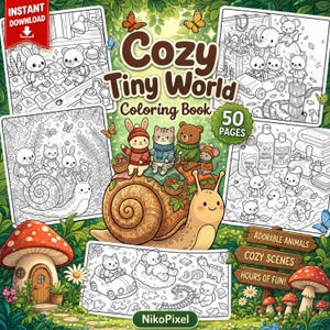 May include: A coloring book titled Cozy Tiny World featuring 50 pages of illustrations with animals like bears, rabbits, and cats. The cover displays a large snail carrying small animals, surrounded by mushroom houses and forest elements.