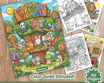 Treetop Village Coloring Book | 50 Whimsical Treehouse Pages | Kids focus activity (Digital Download)