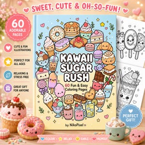 Kawaii Sockerrush Matmålarbok | 60 sötsakersidor (digital nedladdning)