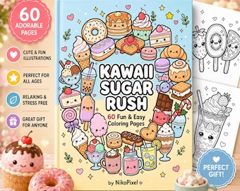 Libro para colorear Kawaii Sugar Rush Food / 60 páginas de dulces (Descarga digital)