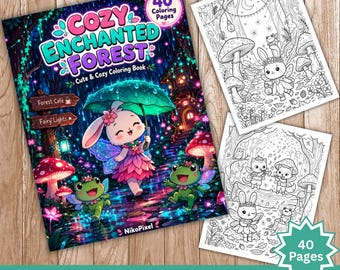 Cozy Enchanted Forest Coloring Book PDF, Cute Fairy Animal Coloring Pages, 40 Printable Fantasy Designs, Digital Download