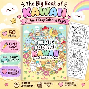 Libro para colorear Kawaii para adultos: animales, comida, páginas del espacio (descarga digital) imagen 1