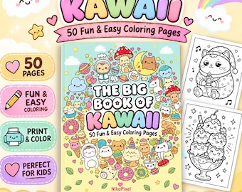 Libro para colorear Kawaii para adultos: animales, comida, páginas del espacio (descarga digital)
