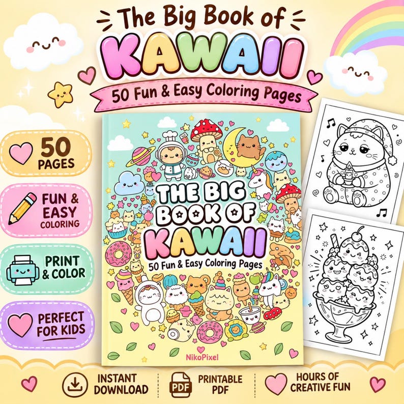 Libro para colorear Kawaii para adultos: animales, comida, páginas del espacio (descarga digital) imagen 1
