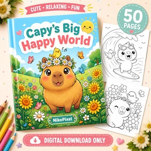 Capys stora lyckliga värld Kapybara målarbilder, 50 utskrivbara djuraktiviteter för barn, TikTok-inspirerad PDF-nedladdning 300 DPI
