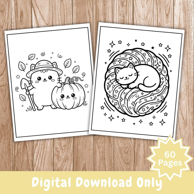 Puede incluir: Dos p&aacute;ginas para colorear en blanco y negro con ilustraciones de gatos lindos. La p&aacute;gina izquierda muestra un gato con sombrero sosteniendo una pala junto a una calabaza. La derecha muestra un gato durmiendo en un patr&oacute;n circular estrellado.