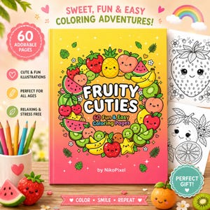 Fruity Cuties Kawaii målarbok, 60 bedårande fruktsidor (digital nedladdning)