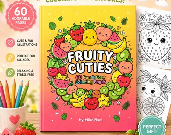 Fruity Cuties Kawaii Coloring Book, 60 Adorable Fruit Pages (Digital Download)