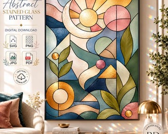 May include: A digital art print featuring a colorful abstract stained glass pattern with geometric shapes, a crescent moon, a sun, and leaf motifs in shades of blue, green, pink, and gold. The text reads Colorful Abstract Stained Glass Pattern.